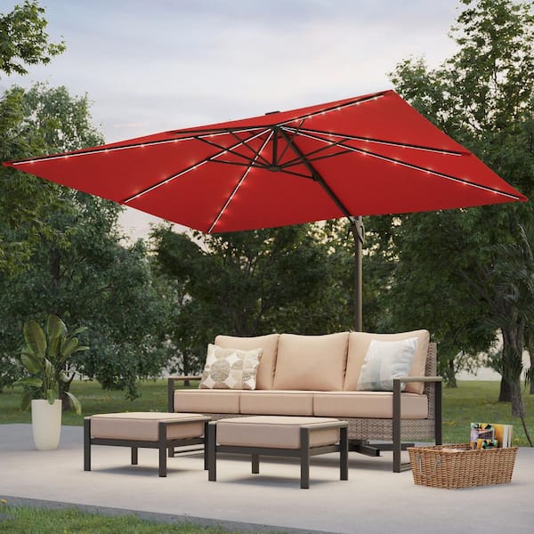 10 x 8 ft. Metal Solar-powered Cantilever Patio Umbrella with 360° Rotation and Canopy Angle Adjustment in Red