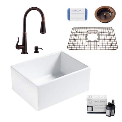 Wilcox II All-in-One Farmhouse/Apron Fireclay 24 in. Single Bowl Kitchen Sink with Pfister Bronze Faucet and Strainer