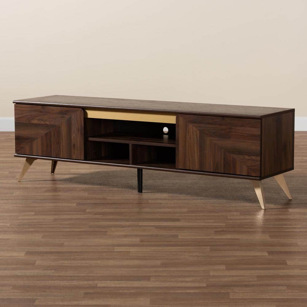 Graceland Walnut Brown Wood TV Stand with Gold Accents