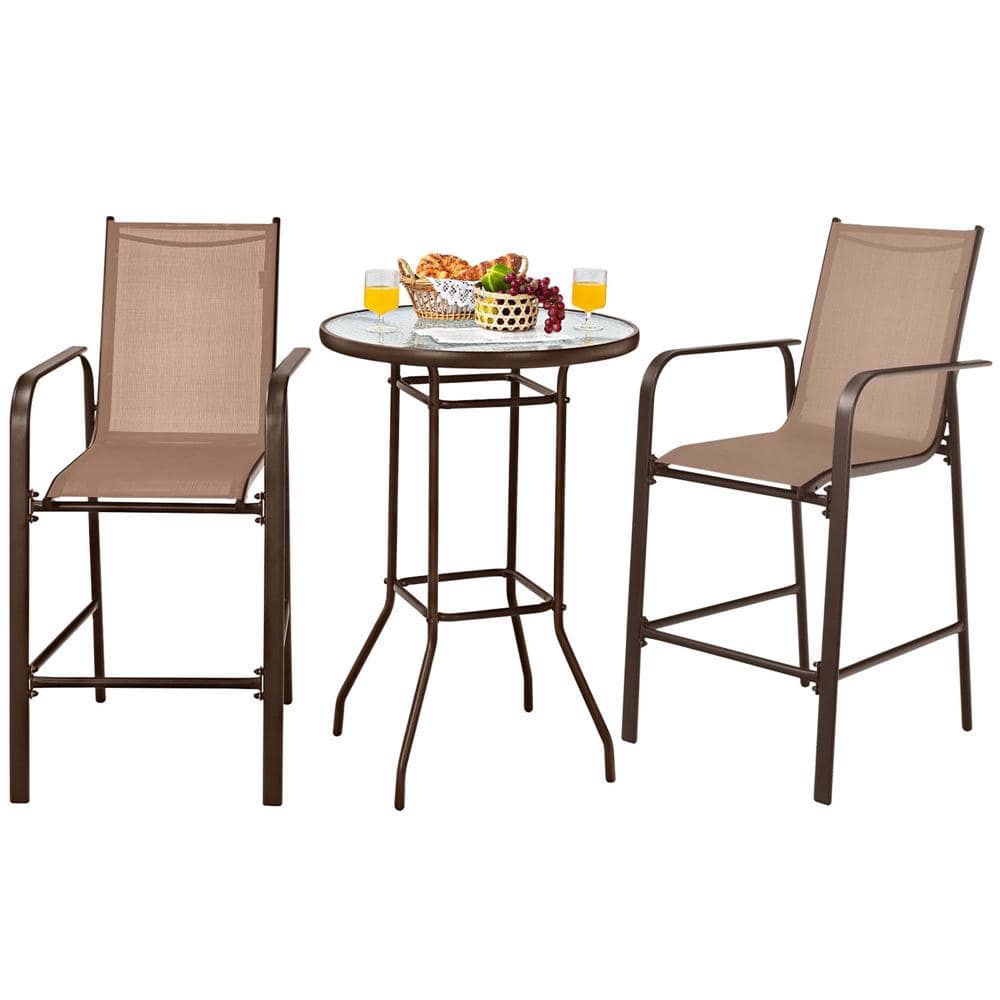Costway 3Piece Metal Round Table 38 in Outdoor Bistro Set in Brown
