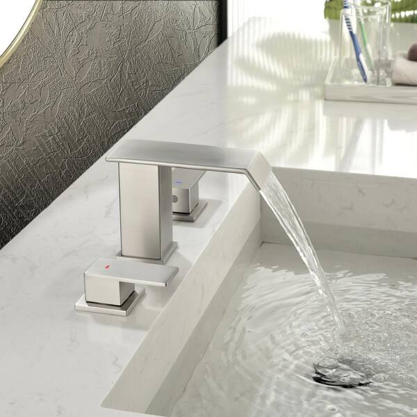 Double Handle Waterfall Bathroom Faucet with 2.36 in. Wide Spout and Pop Up Drain kit in Brushed Nickel