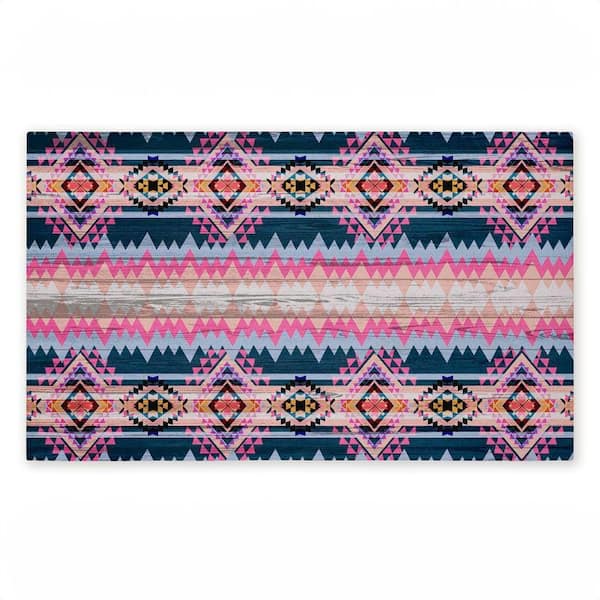 Boho Geometric Pink & Blue Blue 18 in. x 30 in. Polyester Non-Slip Outdoor Door Mat