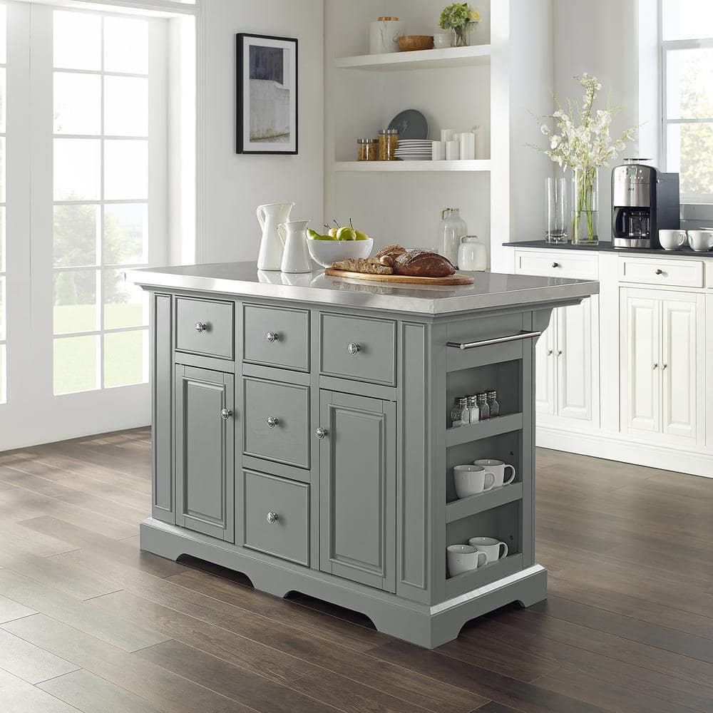 Julia Gray Stainless Steel Top Kitchen Island with Storage