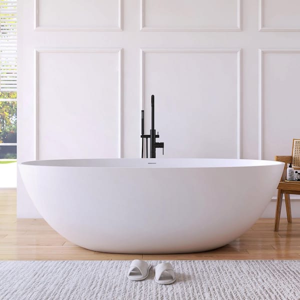 Eaton 71 in. x 35.4 in. Stone Resin Solid Surface Matte Flatbottom Freestanding Soaking Bathtub in White