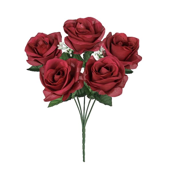 LIVING LUXURY 14 in. Burgundy Red Artificial Open Rose Flower Stem Bush Bouquet (Set of 12)