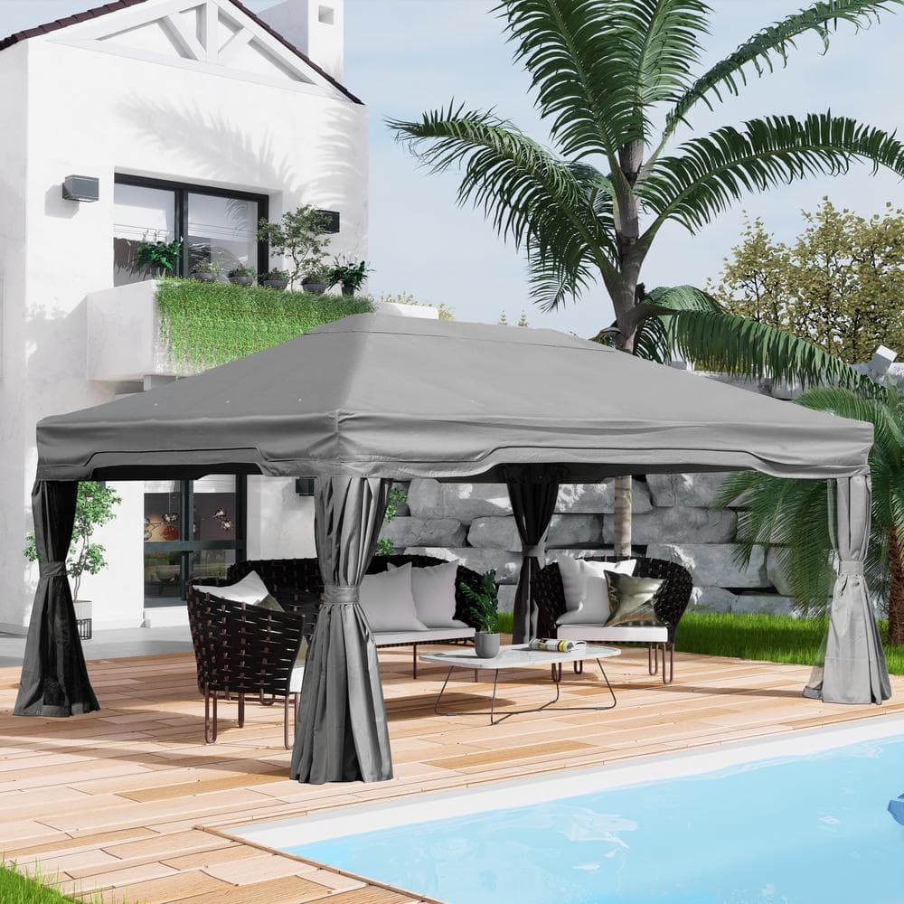 Aoodor 14 ft. x 12 ft. Gray Aluminum Frame Outdoor Patio Soft Top Gazebo Party Event Canopy Tent w/Curtain and Mosquito Net