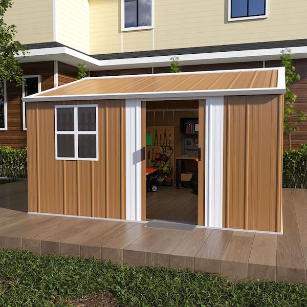 12 ft.W x 10 ft.D Outdoor Metal Garden Storage Shed, Utility Tool House with Windows, Lockable Door, Brown (120 sq. ft.)