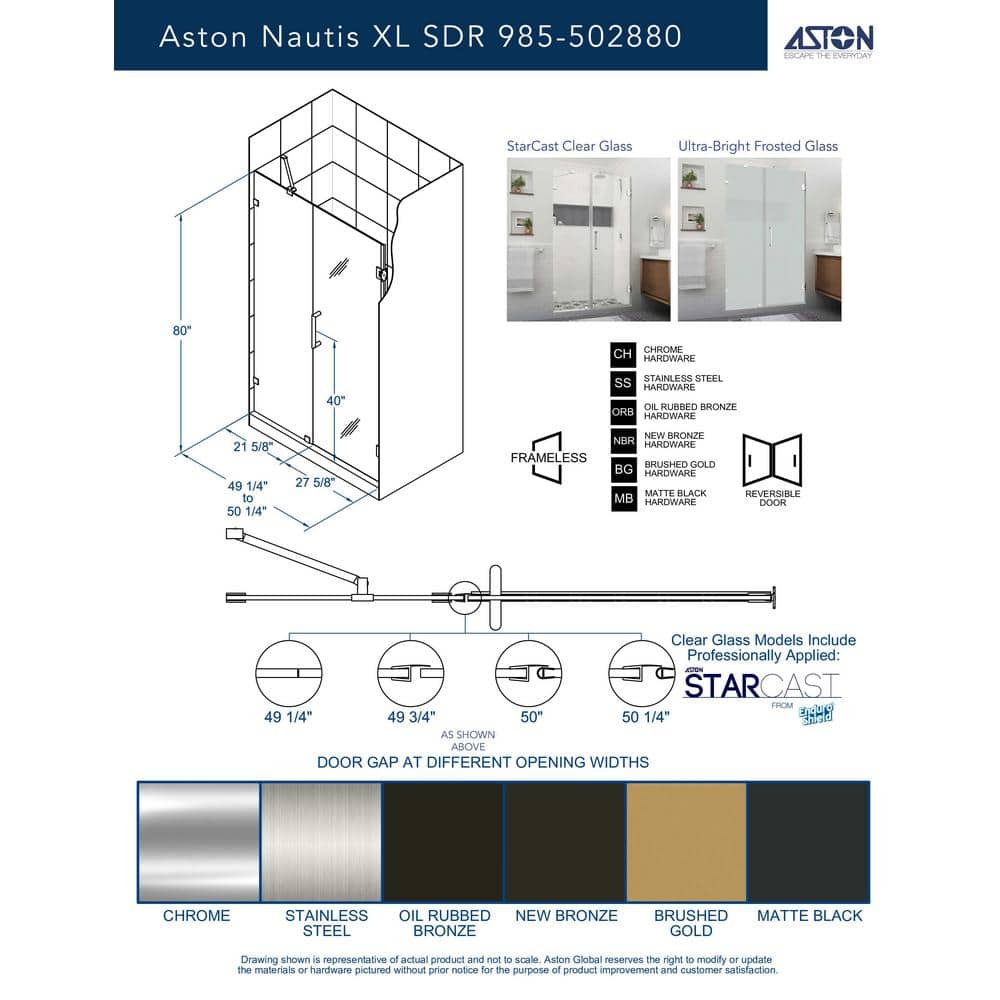 Nautis XL 50" Frameless Shower Door with Brushed Gold Hardware
