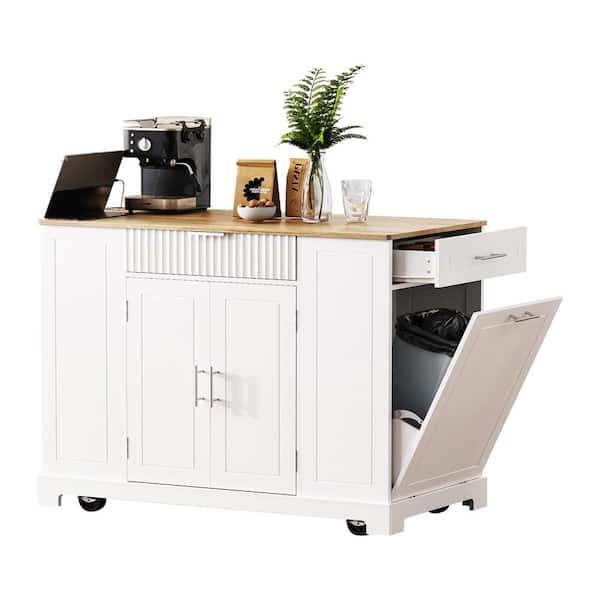 White Rubber Wood 48.5 in. W Kitchen Island with Trash Can Storage Cabinet, Power Outlet, Drawers, Open Side Racks