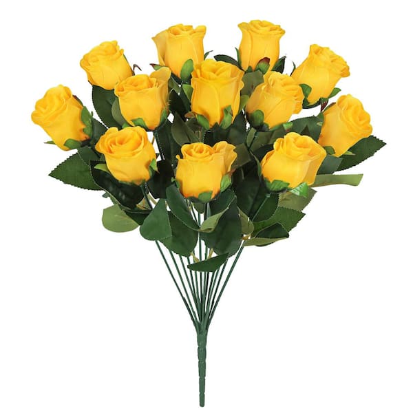LIVING LUXURY 19.5 in. Yellow Artificial Rose Bud Flower Stem Bush Bouquet (Set of 2)