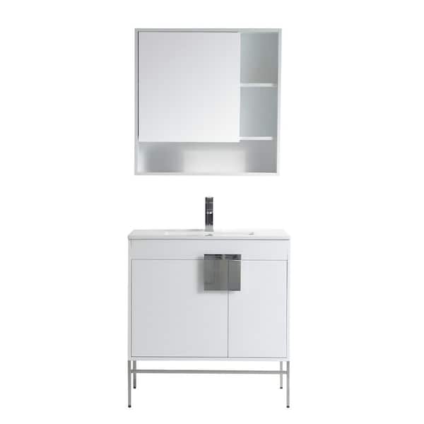 Unbranded Kuro 32 in. W x 18 in. D x 33 in. H Single Sink Bath Vanity in White with White Ceramic Top and Mirror