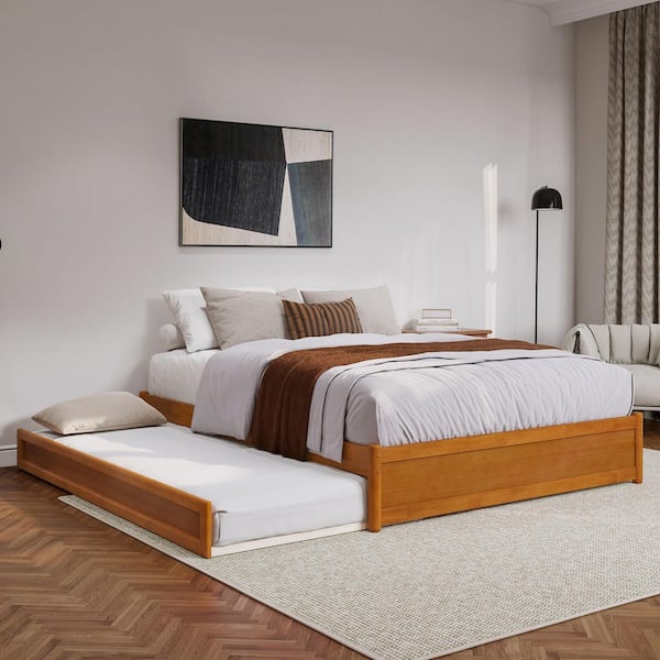 Barcelona Light Toffee Natural Bronze Solid Wood Frame Queen Panel Platform Bed with Twin XL Trundle