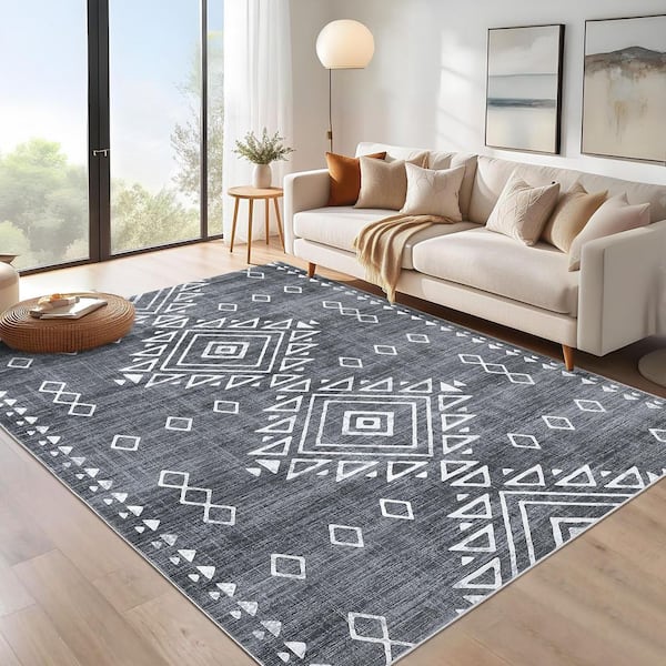 Garvee Gray 9x12ft Geometric Retro Corridor Strip Carpet Tribal