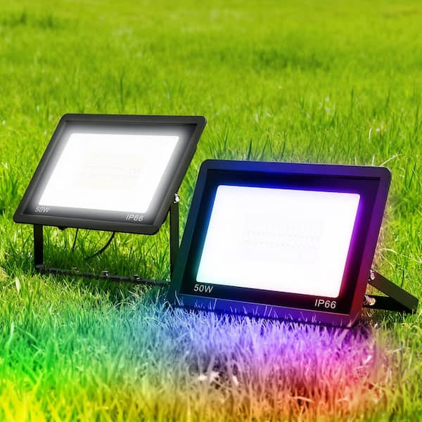 50W Black Plug-in Outdoor 1650 Lumen RGB Integrated LED Flood Light with 9. 8FT Cord, Waterproof Dusk to Dawn Light