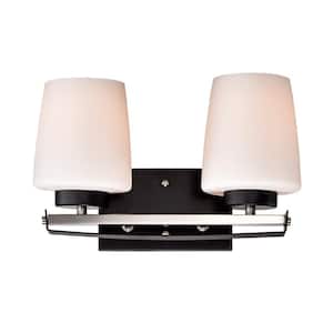 13.75 in. 2-Light Black and Brushed Nickel Finish Vanity Light with Etched White Glass Shade