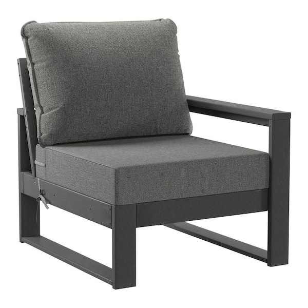 Endless Outdoor Patio Deep Seating Right Arm Chair with Gray Plastic Frame and Gray Side Tie Cushions