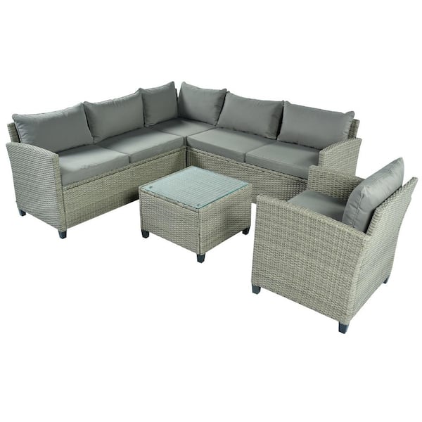 Tunearary Grey 5-Piece Rattan Patio Furniture Set with Coffee Table, Black Cushions and Single Chair