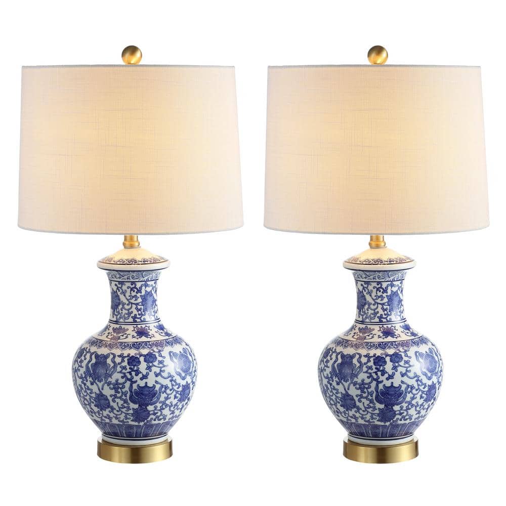 Jennifer 25.25" White and Blue Ceramic Metal Table Lamp Set