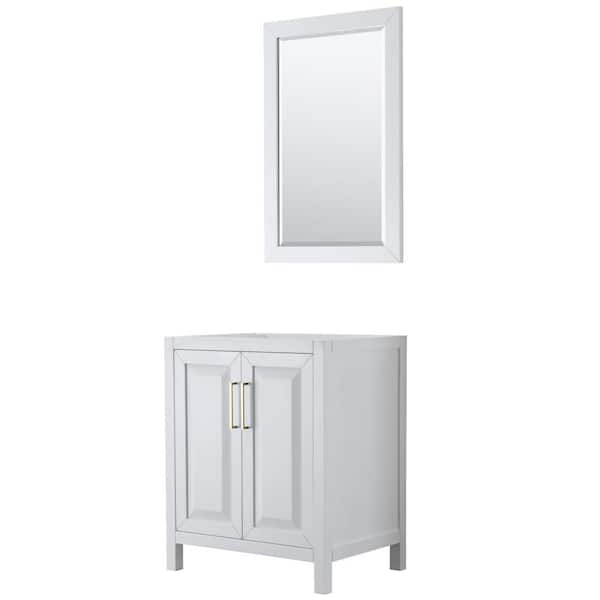 Wyndham Collection Daria 29 in. W x 21.5 in. D x 35 in. H Bath Vanity Cabinet without Top in White with Gold Trim and 24 in. Mirror