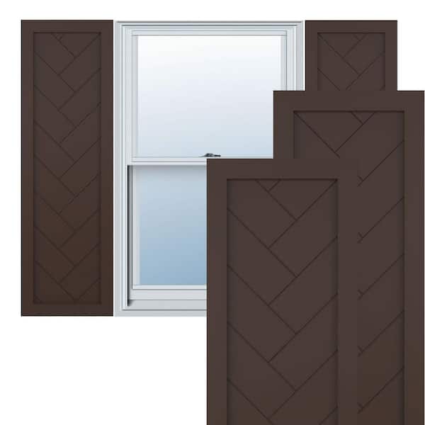 Ekena Millwork 12 in. x 34 in. PVC Single Panel Herringbone Modern Style Fixed Mount Board and Batten Shutters Pair in Raisin Brown