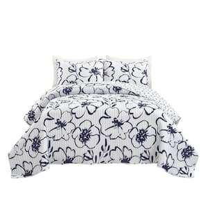 3-Piece Navy/White Polyester King Scandinavian Floral Quilt Set