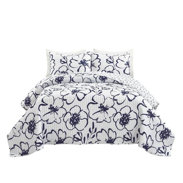 Lush Decor 3-Piece Navy/White Polyester King Scandinavian Floral Quilt Set