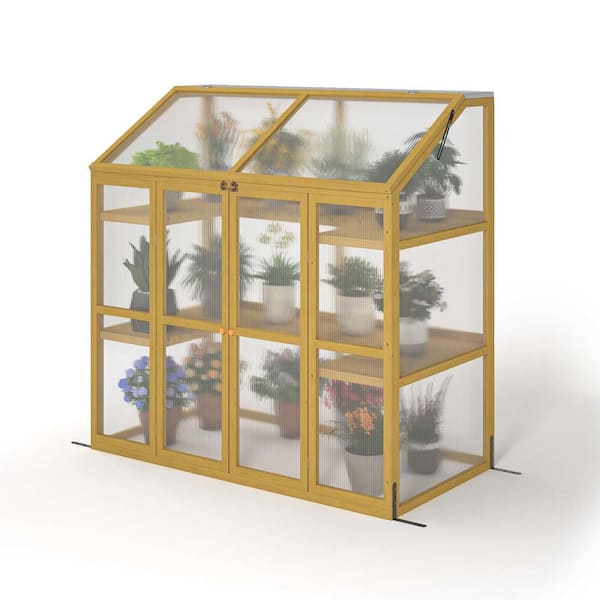 53 in. W x 28 in. D x 54 in. H Wooden Brown Greenhouse, Polycarbonate Garden Shed for Plants, Keep Plant Warm Enough