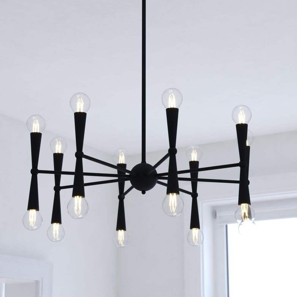 Drake 16-Light 29 in. Wide Matte Black Mid-Century Modern Chandelier, Adjustable Height Hanging Ceiling Pendant Fixture price history on PriceWatchPro