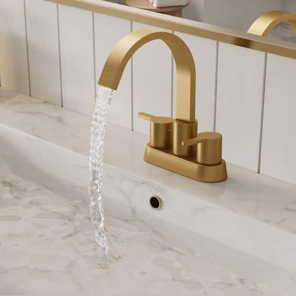 4 in. Centerset Double Handle High Arc Bathroom Faucet with Waterfall Spout in Brushed Gold (Valve Included)