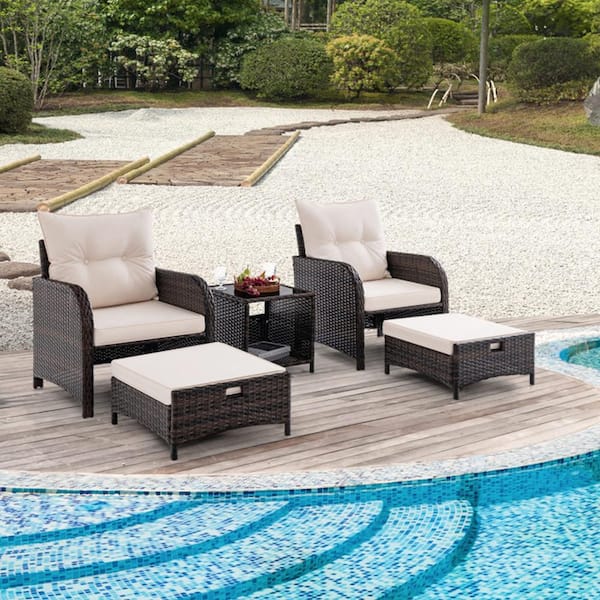 5-Piece Wicker Rattan Patio Conversation Set with Coffee Table and Cushions in Beige