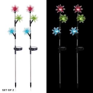 32 in. Christmas Yard Decor Acrylic 3-Tier Snowflake Stakes with Solar Powered LED Lights, (2-Pack)