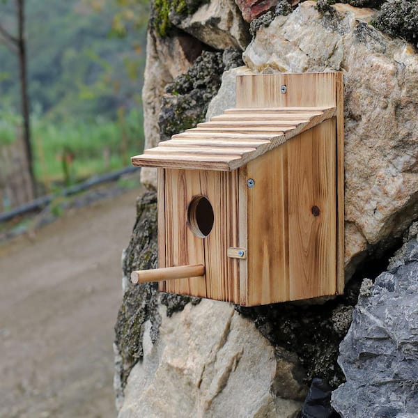 バードハウスクローク(ナチュラル） Justincity Natural Color Wood Birdhouse with Pole Wooden Bird