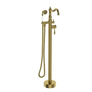 1-Handle Classical Freestanding Bathtub Faucet with Hand Shower Hand in Brushed Brass