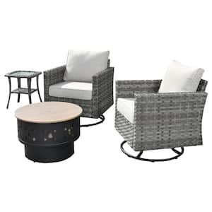 Eufaula Gray 4-Piece Wicker Patio Conversation Swivel Chair Set with a Wood-Burning Fire Pit and Coarse Beige Cushions