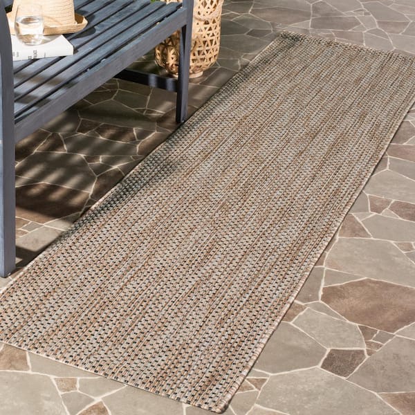 Courtyard Natural/Black 2 ft. x 12 ft. Solid Indoor/Outdoor Patio  Runner Rug