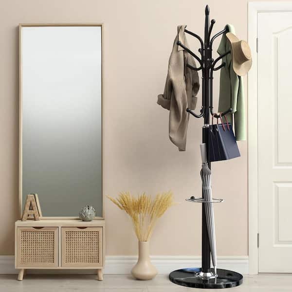 Freestanding Hall Tree Black Metal Marble Base with Umbrella Stand 12-Hooks Stable Coat Hat Rack Entryway