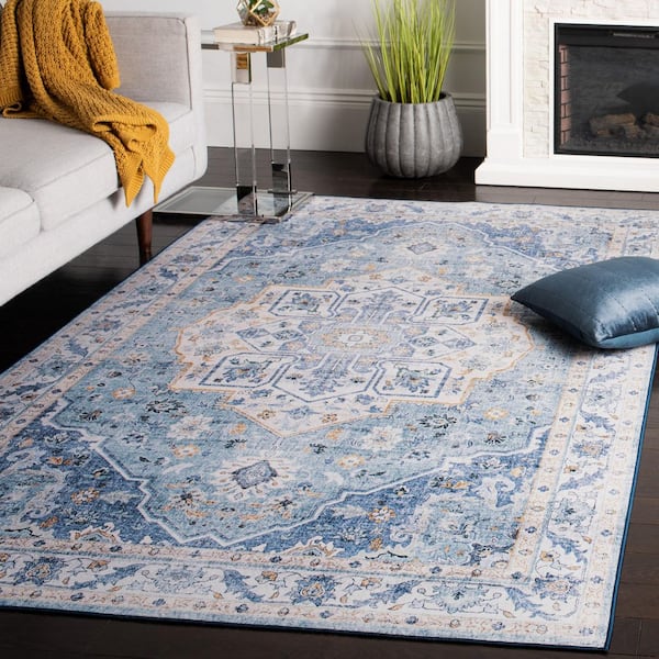 Tucson Light Blue/Blue 5 ft. x 7 ft. Machine Washable Ornate Floral Medallion Area Rug