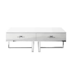 Maui 48 in. White/Chrome Large Rectangle Wood Coffee Table with Drawers
