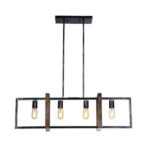 4-Light Distressed Black and Brushed Wood Rectangle Chandelier