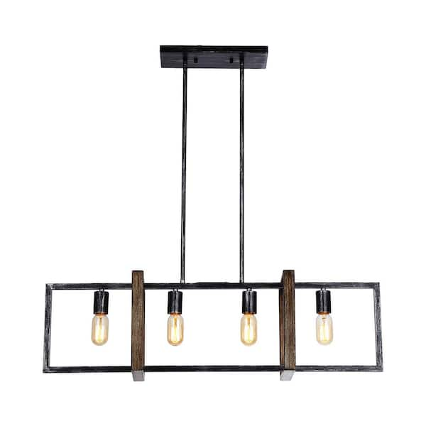 null 4-Light Distressed Black and Brushed Wood Rectangle Chandelier