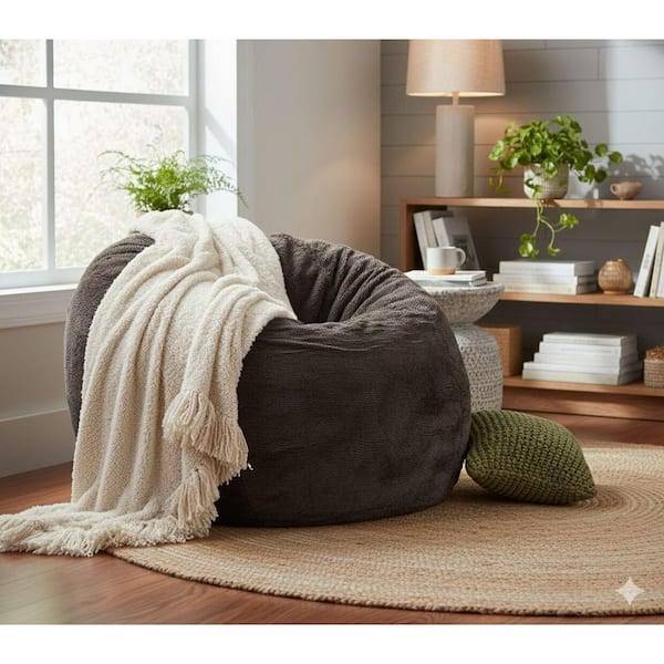 Calder 3 ft. Modern Brown and Beige Round Faux Fur Polyester Bean Bag