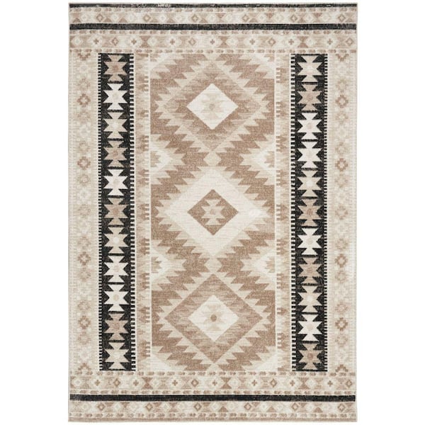 Nourison Washable Decor Beige Black 5 ft. x 7 ft. Center medallion Contemporary Area Rug