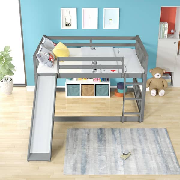 Qualler Gray Full over Full Bunk Bed with Slide and Ladder