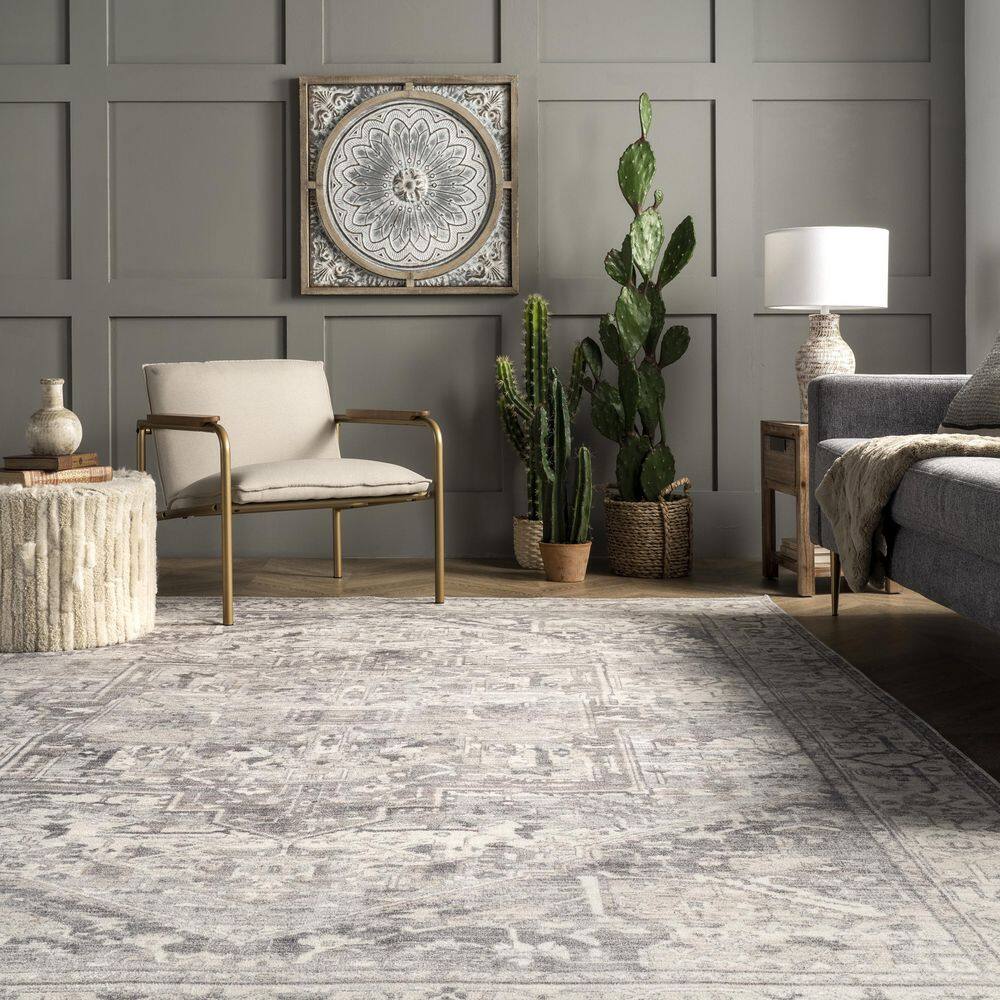 Gray Square Vintage Medallion Washable Area Rug