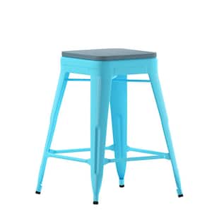 25 in. Teal/Teal-Blue Backless Metal Bar Stool with Resin Seat (Set of 4)