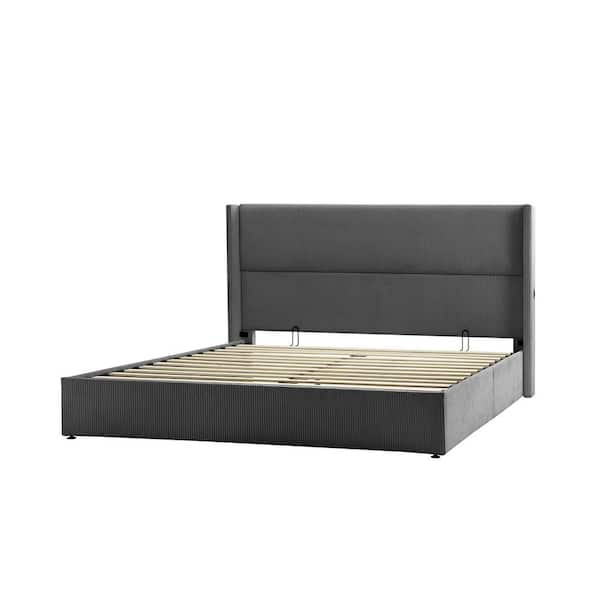 JAYDEN CREATION Genoveva Grey Wooden Queen Platform Bed with USB Charging Ports and Storage