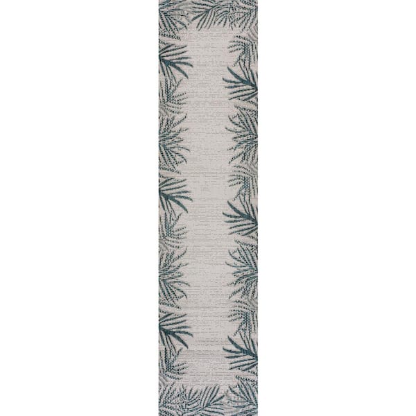 Isla Blue/Cream 2 ft. x 8 ft. Coastal Cottage Palm Frond Border Indoor/Outdoor Runner Rug