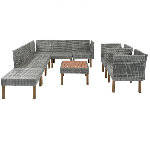 FORCLOVER 9-Piece Patio Wicker Outdoor Conversation Sofa Chair Set with Gray Cushions, Wood Legs, Acacia Wood Tabletop