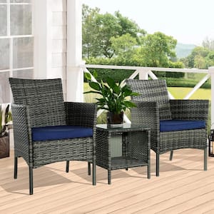 3-Piece Gray Wicker Outdoor Dining Set, Square Table and Rattan Chairs with Blue Cushions