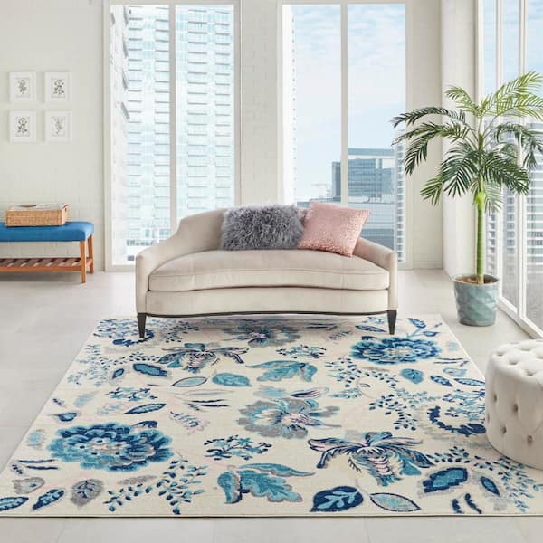 Tranquil Ivory/Light Blue 8 ft. x 10 ft. Floral Modern Area Rug